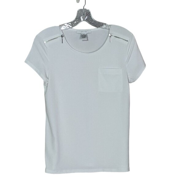 GRACE Round Neck Zipper Enhanced Short Sleeve Stretch Top White Size Small - Picture 9 of 9